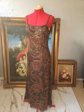Mia Bella Brown Paisley Embroidered Maxi Dress with Gold Accents